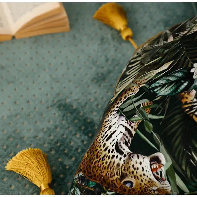 Retro green velvet embroidered leopard cushion cover with vibrant roaring leopard print and tropical foliage design