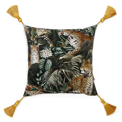 Retro green velvet embroidered leopard cushion cover with vibrant jungle design and golden tassels for living room use