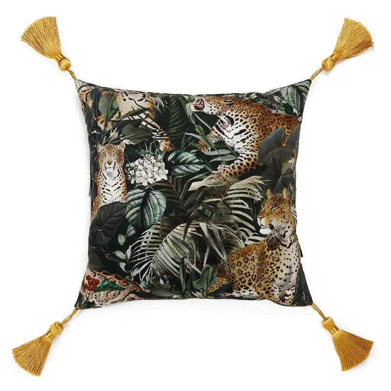 Retro green velvet embroidered leopard cushion cover with vibrant jungle design and golden tassels for living room use