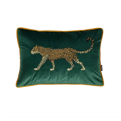 Emerald green velvet cushion cover featuring an embroidered leopard design with mustard yellow border for living room