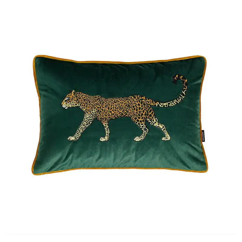 Emerald green velvet cushion cover featuring an embroidered leopard design with mustard yellow border for living room