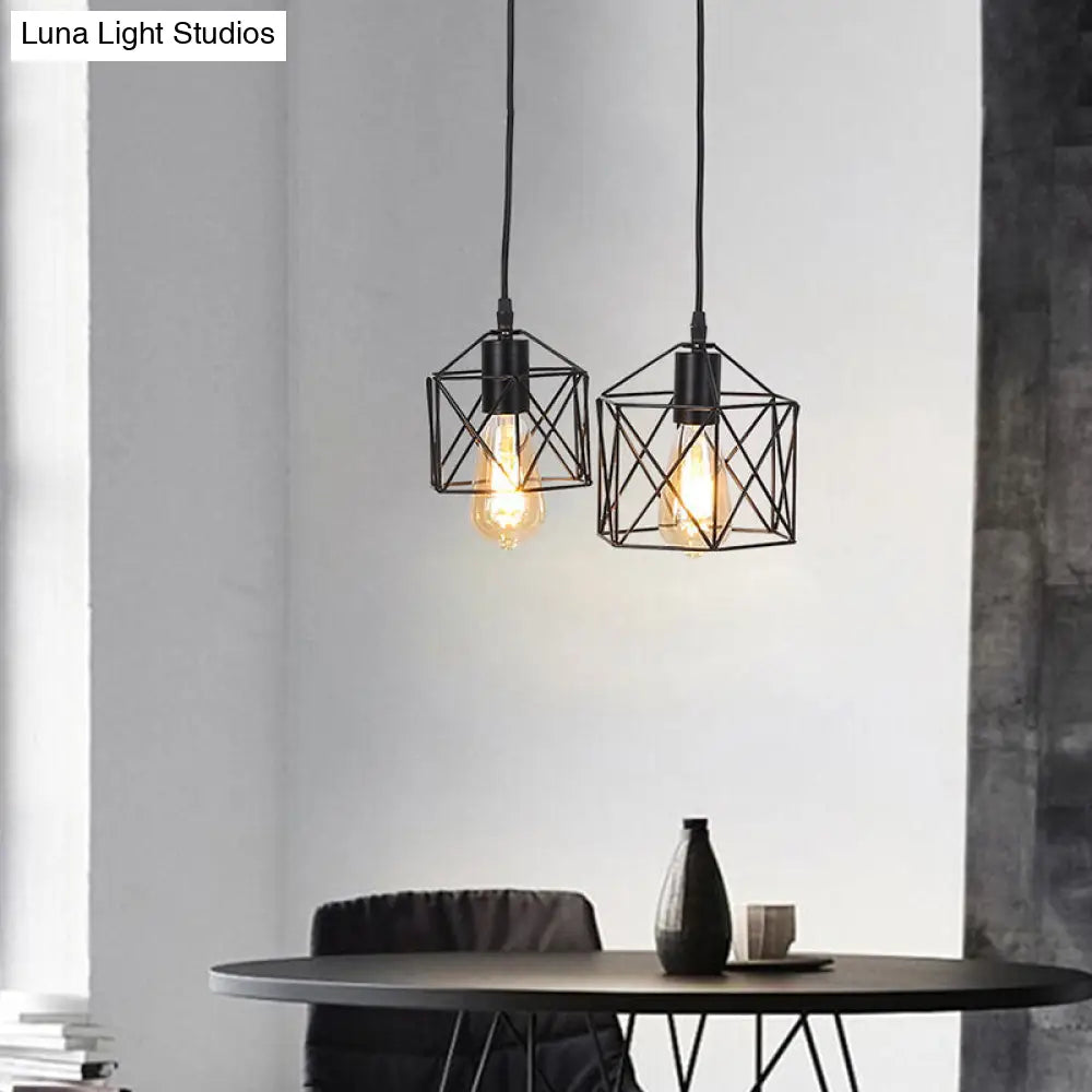 Retro Hexagon Multi-Pendant Ceiling Fixture with Black Metal Frame and 2 Lights