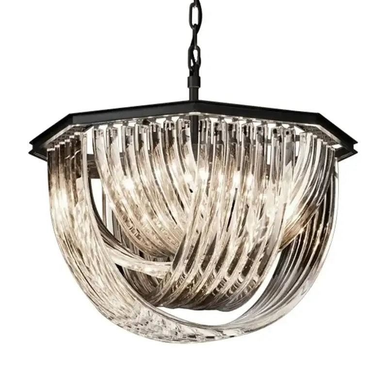Elegant black metal e14 pendant lights chandelier with cascading clear ribbed glass strands for living room decorbites black metal