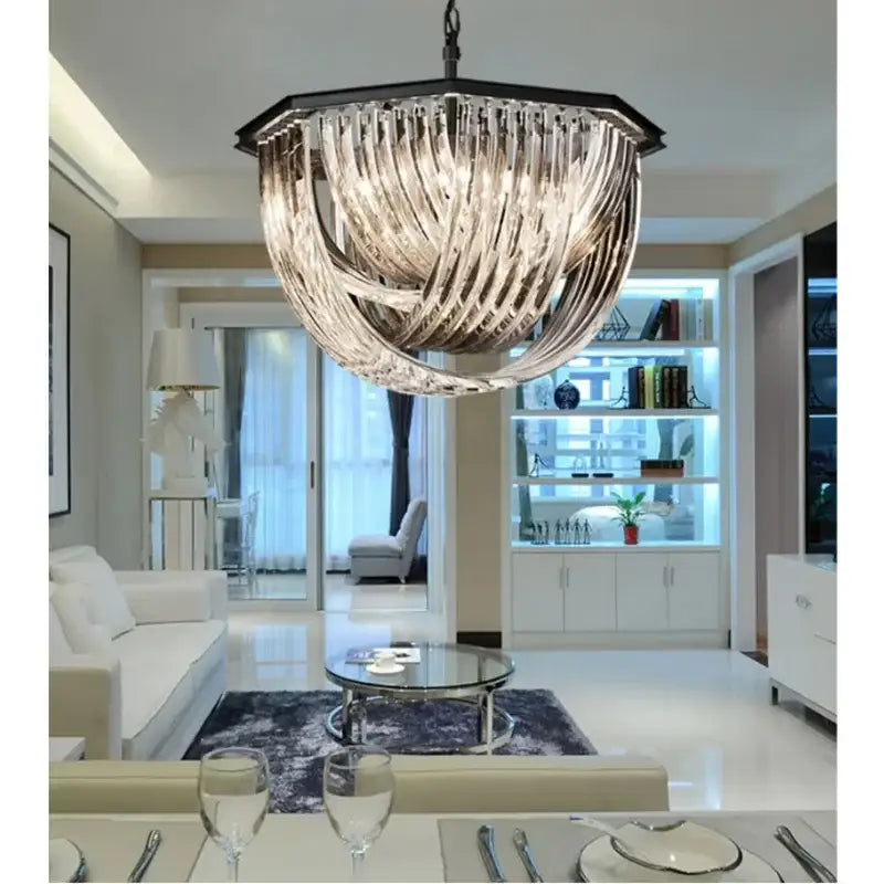 A modern retro hexagonal black metal e14 pendant light with cascading glass prisms for living room decorbites black metal lighting