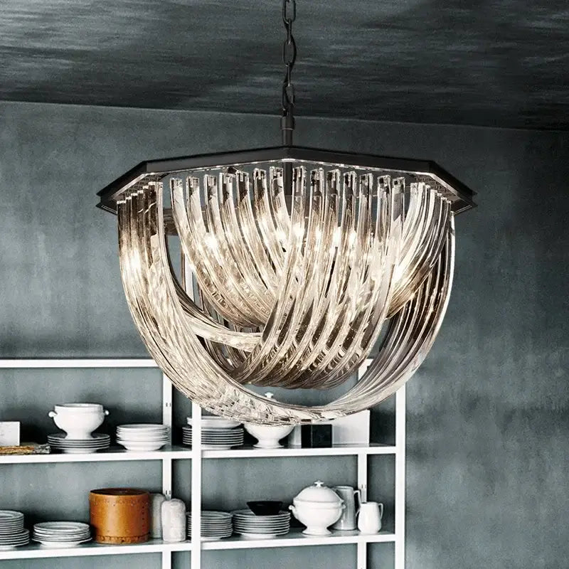 A modern retro hexagonal black metal e14 pendant light with amber glass rods for elegant living room decorbites black metal
