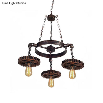 Retro Industrial 3-Head Pendant Light with Dark Rust Finish - Exposed Bulbs, Metal Construction, and Gear Decoration - Ideal for Restaurants' Chandelier Lighting