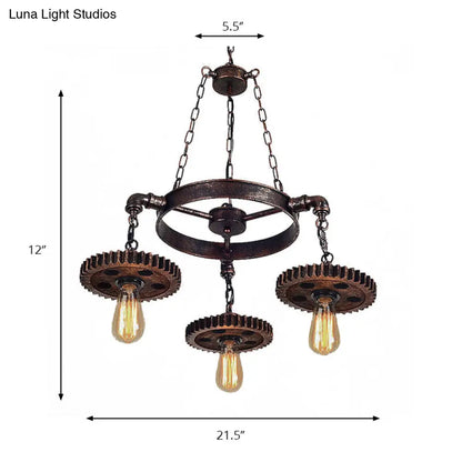 Retro Industrial 3-Head Pendant Light with Dark Rust Finish - Exposed Bulbs, Metal Construction, and Gear Decoration - Ideal for Restaurants' Chandelier Lighting
