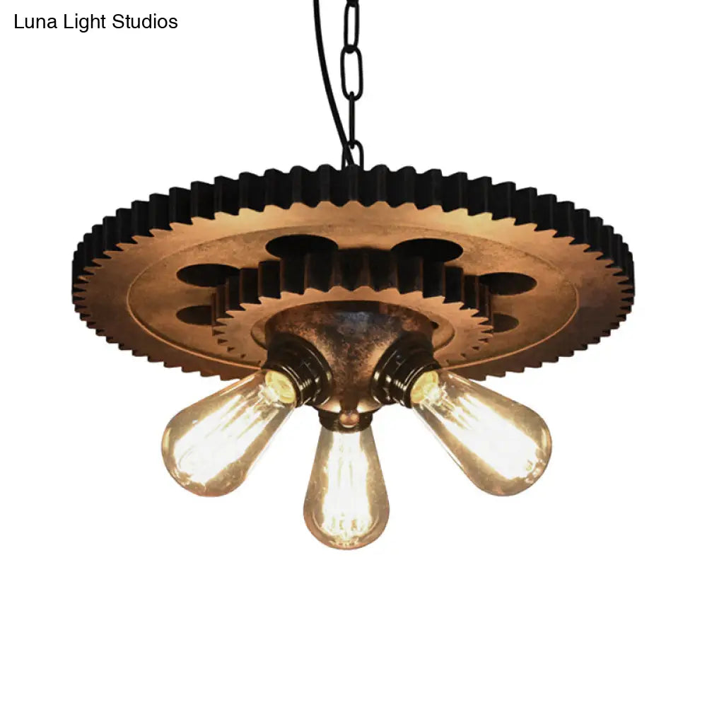 Retro Industrial 3-Head Pendant Light with Dark Rust Finish - Exposed Bulbs, Metal Construction, and Gear Decoration - Ideal for Restaurants' Chandelier Lighting