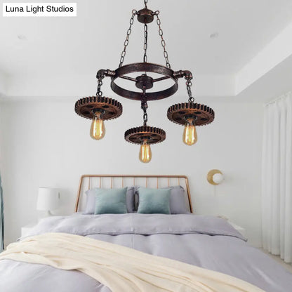 Retro Industrial 3-Head Pendant Light with Dark Rust Finish - Exposed Bulbs, Metal Construction, and Gear Decoration - Ideal for Restaurants' Chandelier Lighting