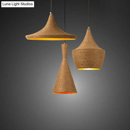 Retro Industrial 3-Light Beige Rope Pendant for Dining Room