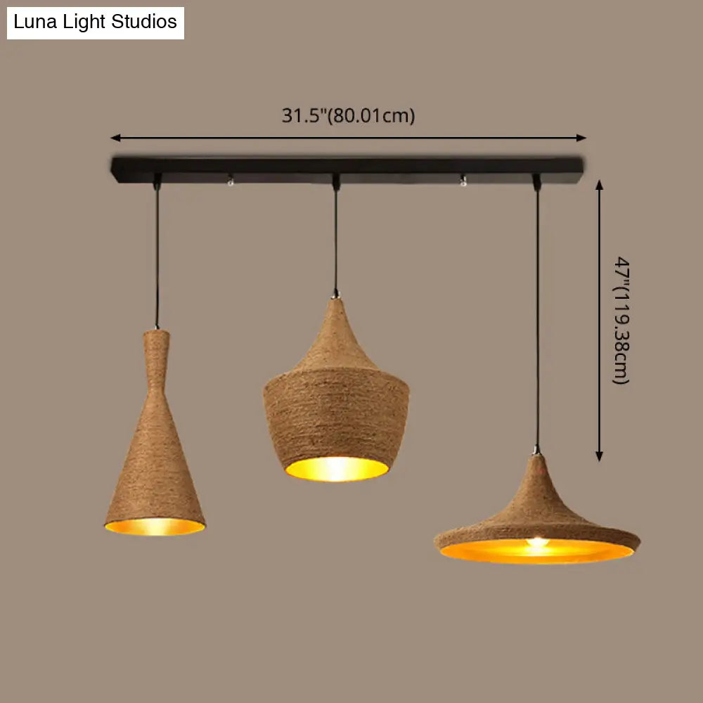 Retro Industrial 3-Light Beige Rope Pendant for Dining Room