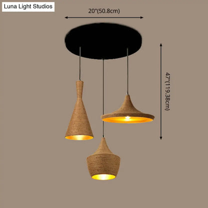 Retro Industrial 3-Light Beige Rope Pendant for Dining Room