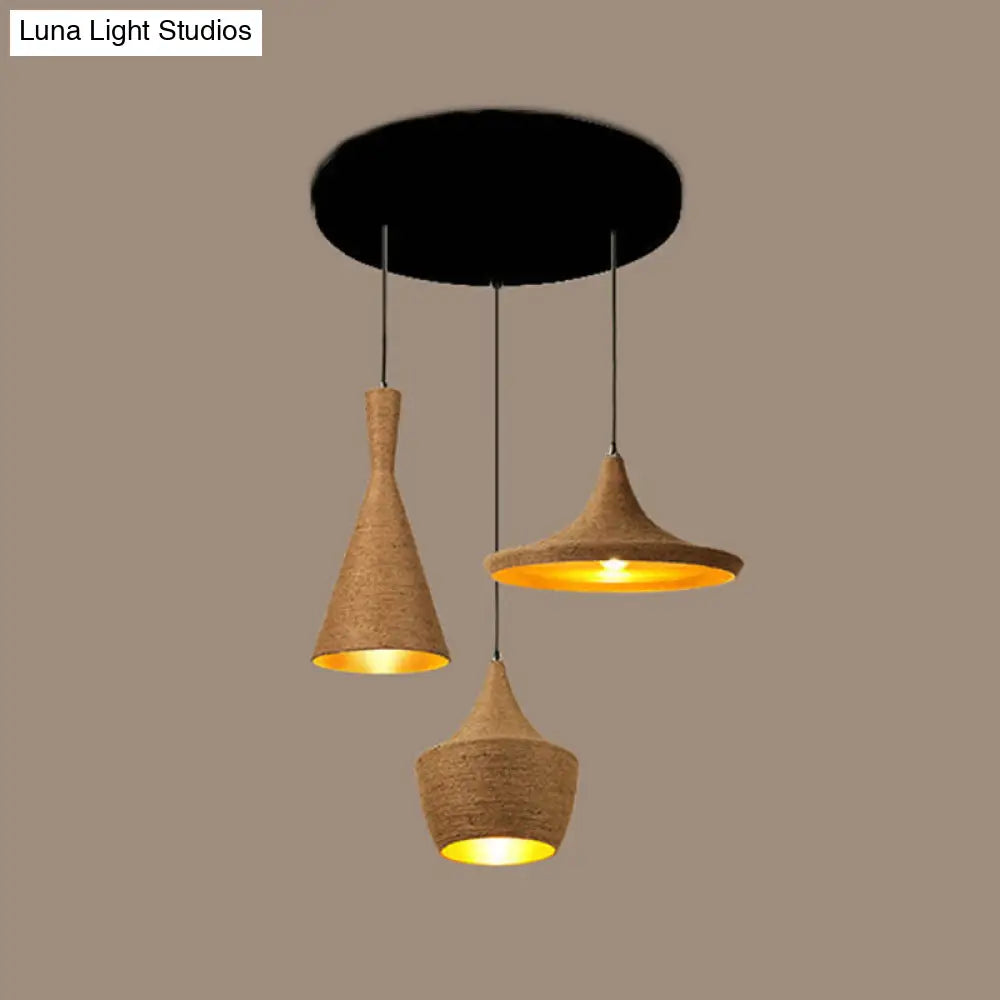 Retro Industrial 3-Light Beige Rope Pendant for Dining Room