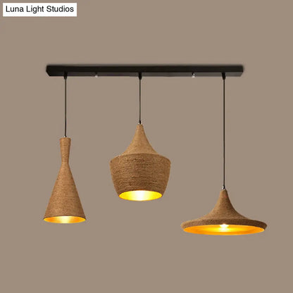 Retro Industrial 3-Light Beige Rope Pendant for Dining Room