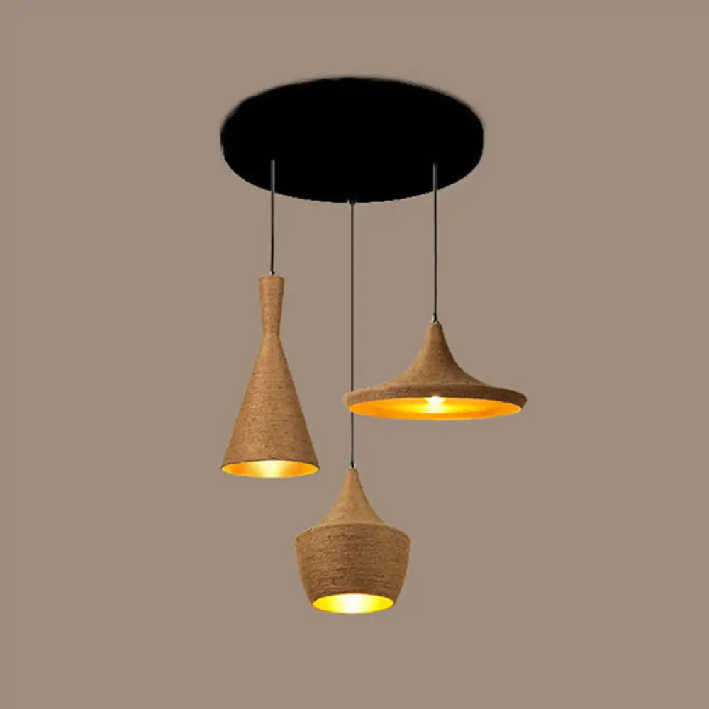 Retro Industrial 3-Light Beige Rope Pendant for Dining Room