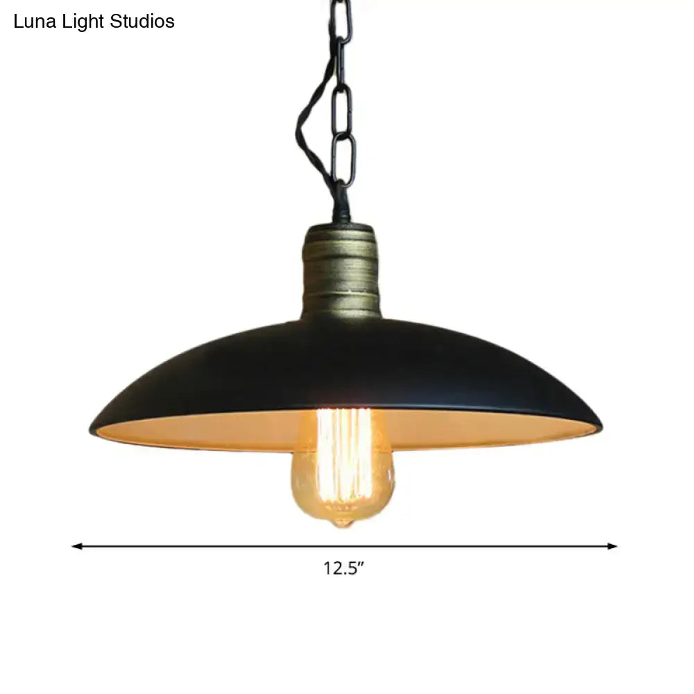 Black metal DecorBites™ ceiling light with vintage industrial design bowl shade and brass chain for 220v-240v or 110v-120v use
