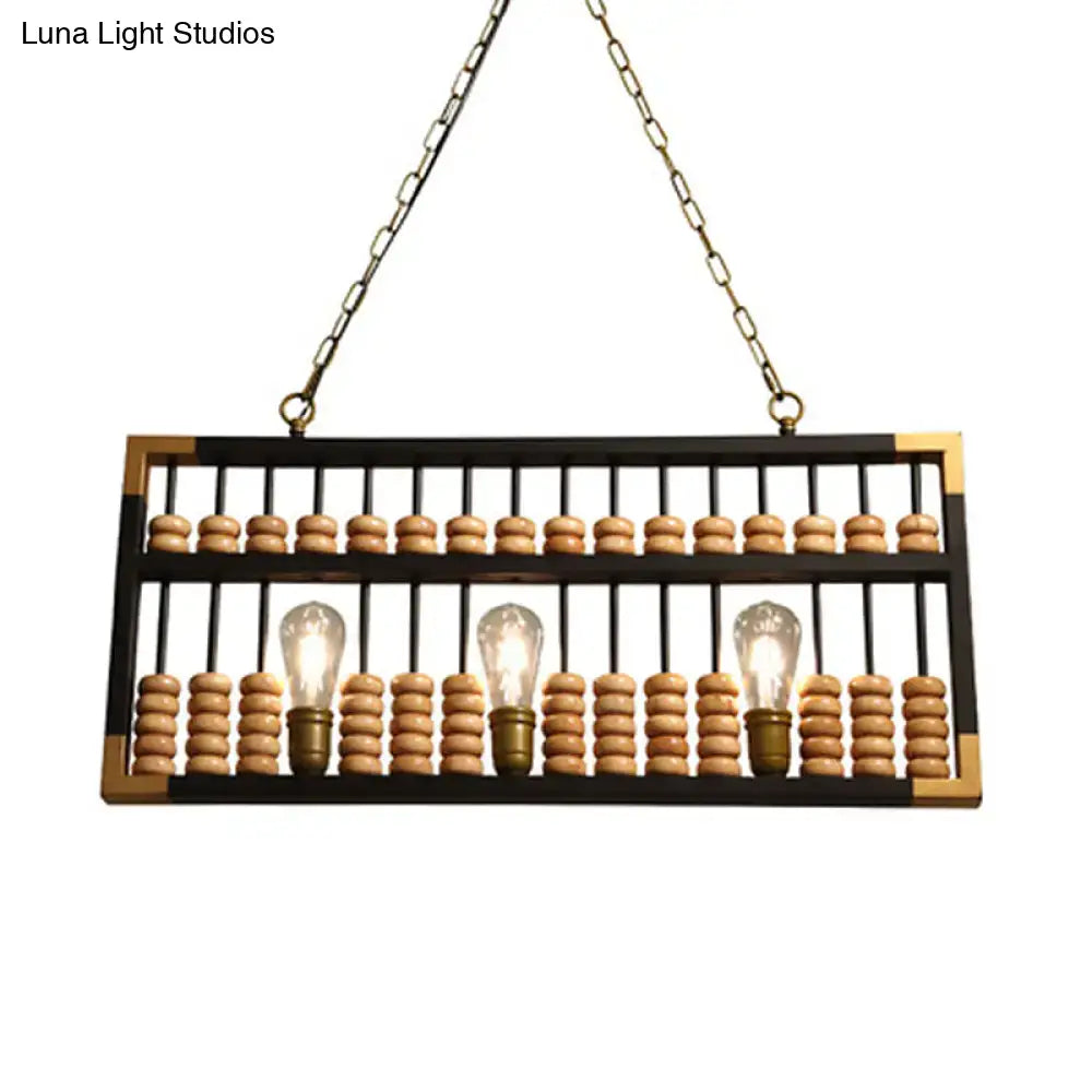Decorbites retro industrial metal abacus shape island pendant chandelier with black metal frame, brass accents, wooden beads, and edison bulbs