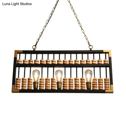 Decorbites retro industrial metal abacus shape island pendant chandelier with black metal frame, brass accents, wooden beads, and edison bulbs