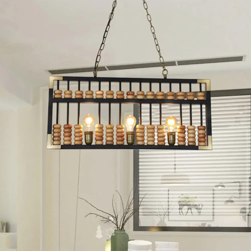 Decorbites retro industrial metal abacus shape 3-light pendant chandelier with black brass frame and wooden beads
