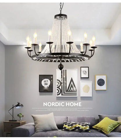 Black wrought iron decorbites crystal chandelier with cascading clear crystal droplets for dining room use