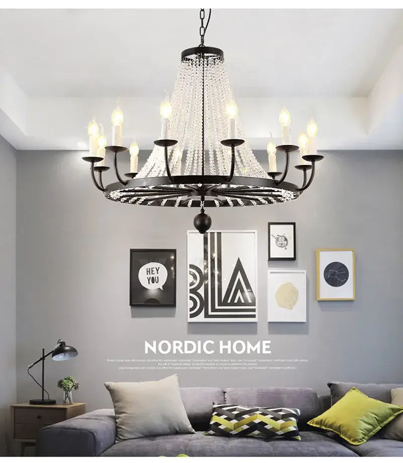 Black wrought iron decorbites crystal chandelier with cascading clear crystal droplets for dining room use