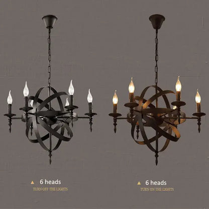 Black wrought iron decorbites iron chandelier with six candle-style bulbs and intricate spherical design for dining room