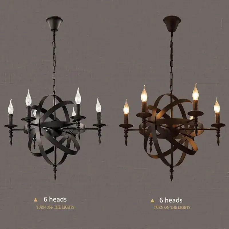Black wrought iron decorbites iron chandelier with six candle-style bulbs and intricate spherical design for dining room