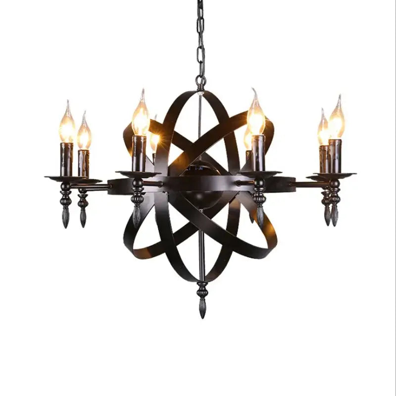 Black decorbites iron chandelier with atomic model design and six lit candle-style bulbs for dining room lighting