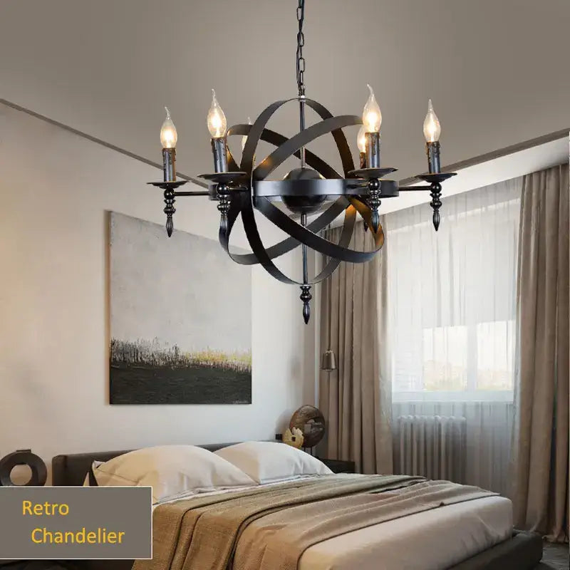Black wrought iron retro decorbites iron chandelier with six lit candle-style bulbs for dining room lighting