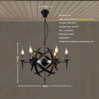 Black iron decorbites iron chandelier with six candle-style bulbs and atomic sphere design for dining room light