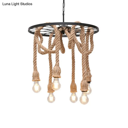 Retro Industrial Black Metal Wagon Wheel Chandelier with Rope Suspension - Restaurant Lighting