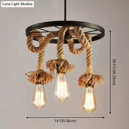 Retro Industrial Black Metal Wagon Wheel Chandelier with Rope Suspension - Restaurant Lighting