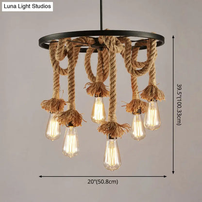 Retro Industrial Black Metal Wagon Wheel Chandelier with Rope Suspension - Restaurant Lighting