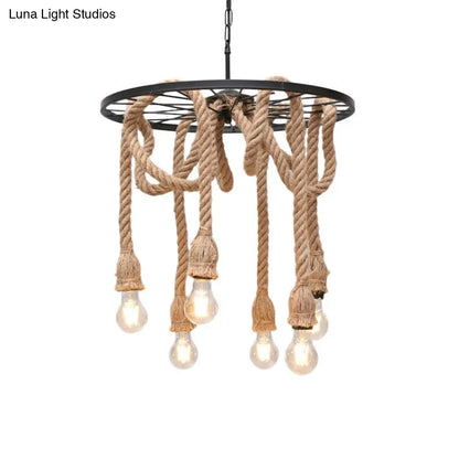 Retro Industrial Black Metal Wagon Wheel Chandelier with Rope Suspension - Restaurant Lighting