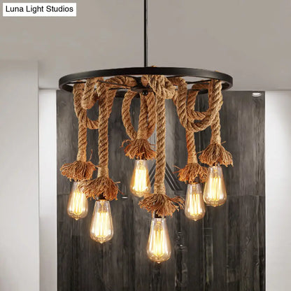 Retro Industrial Black Metal Wagon Wheel Chandelier with Rope Suspension - Restaurant Lighting