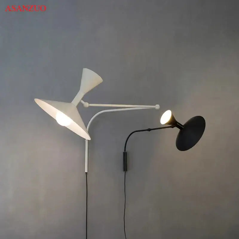 Modern retro industrial wall lamps with dual adjustable arms and white conical and black circular shades for bedroom decorbites american retro