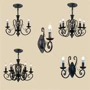 Retro industrial black wrought iron chandelier and wall sconces with ornate scrollwork for living room decorbites black wrought