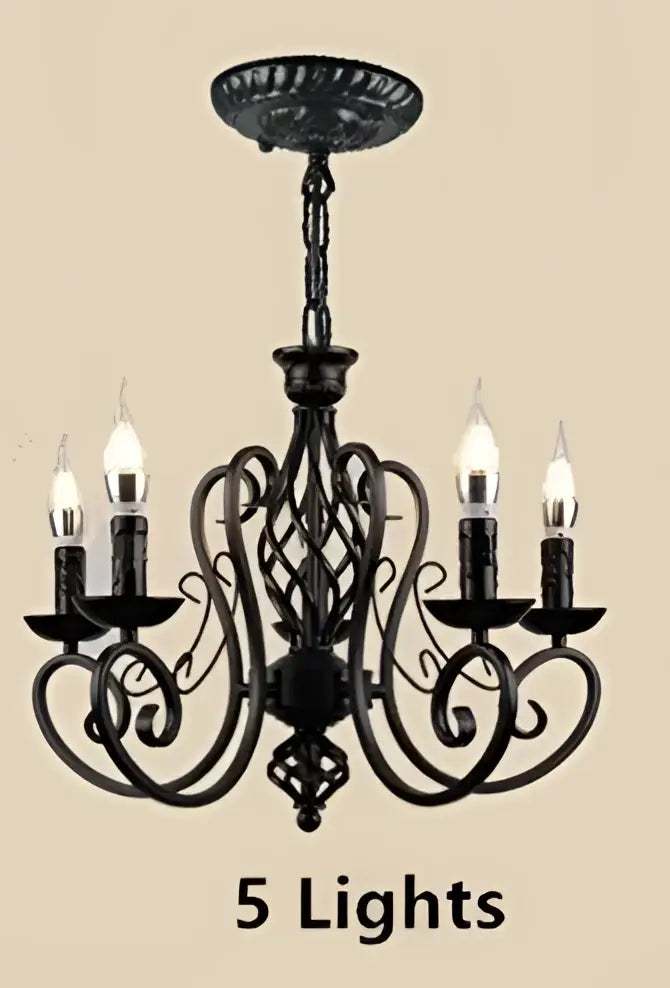 Retro industrial black wrought iron chandelier with five lit candle-style bulbs for living room decorbites black wrought iron