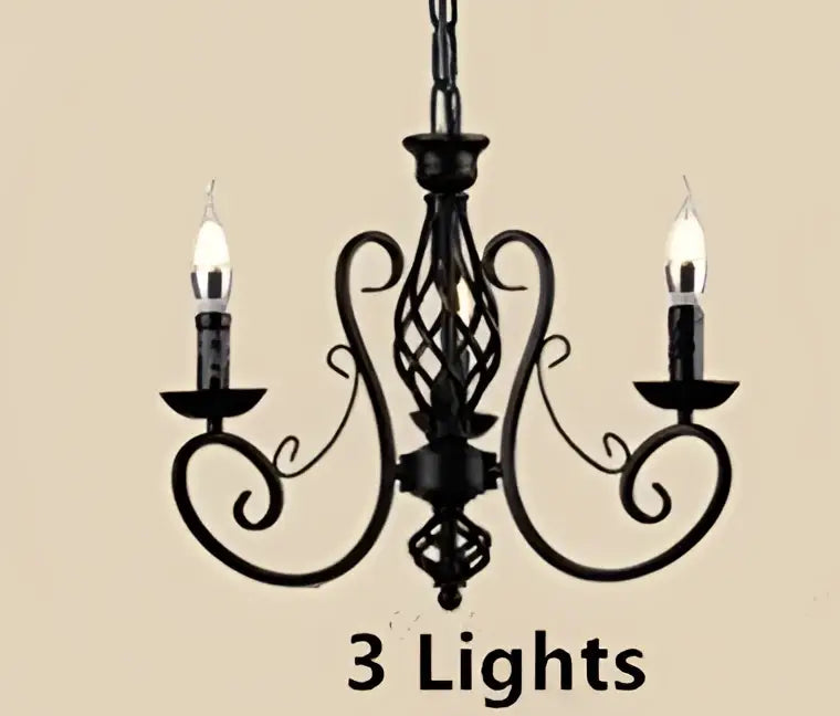 Retro industrial black wrought iron chandelier with ornate scrollwork and three lit candle-style bulbs for living room decor
