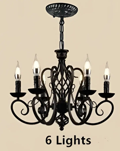 Retro industrial black wrought iron chandelier with six lit candle-style bulbs for living room decorbites black wrought iron