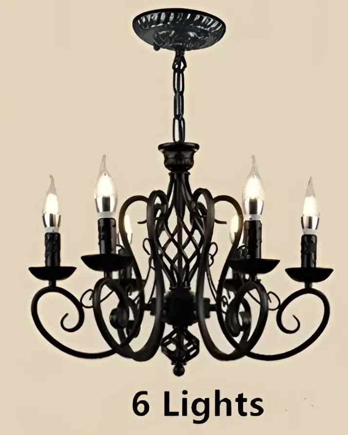 Retro industrial black wrought iron chandelier with six lit candle-style bulbs for living room decorbites black wrought iron