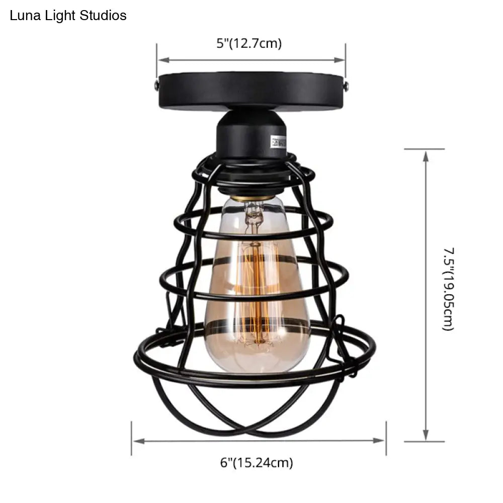 DecorBites™ DecorBites™ Retro Industrial Ceiling Light with Metal Frame Shade - Wrought Iron Flush-mount Lamp in Black