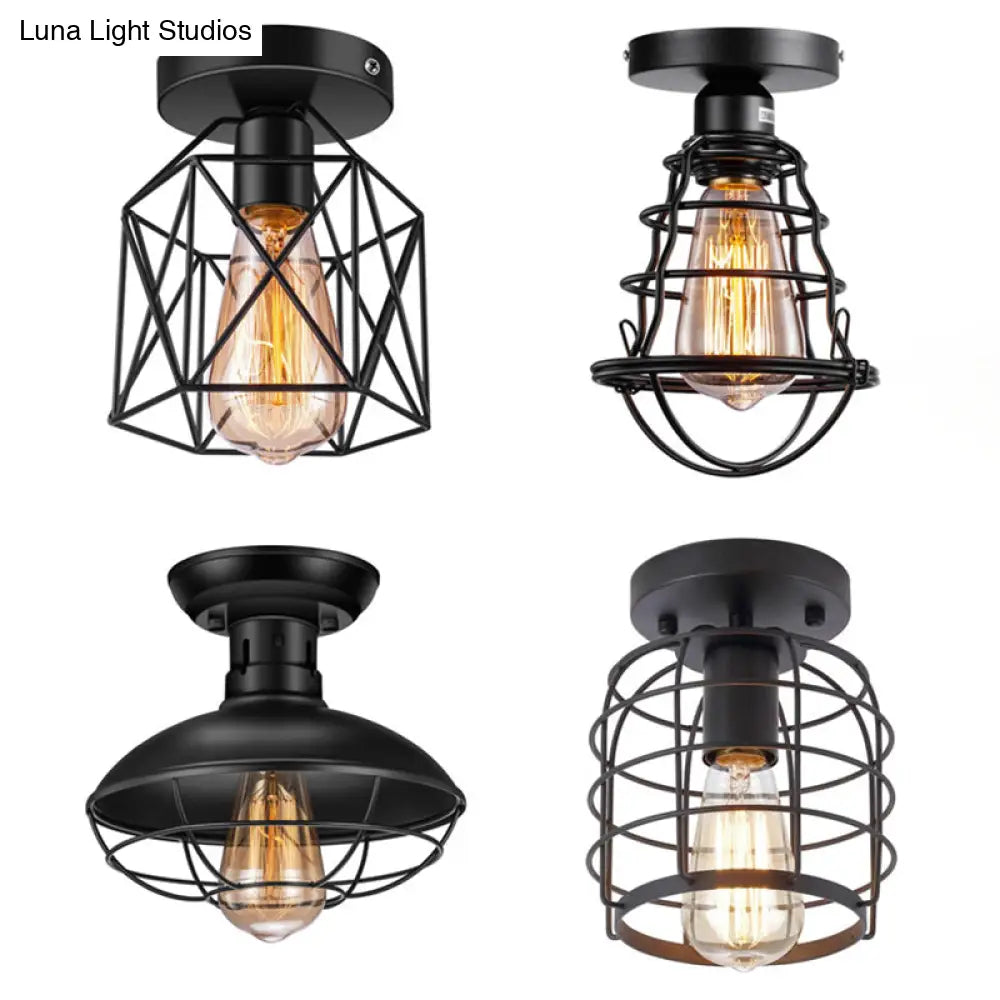 DecorBites™ DecorBites™ Retro Industrial Ceiling Light with Metal Frame Shade - Wrought Iron Flush-mount Lamp in Black