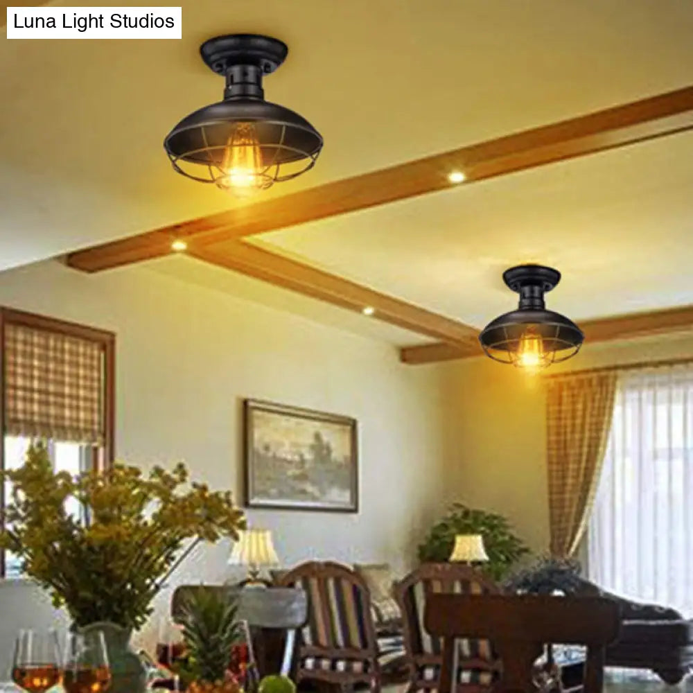 DecorBites™ DecorBites™ Retro Industrial Ceiling Light with Metal Frame Shade - Wrought Iron Flush-mount Lamp in Black