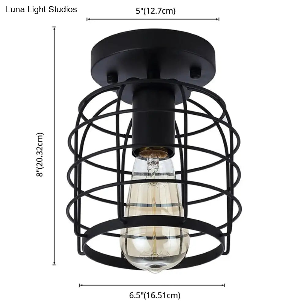 DecorBites™ DecorBites™ Retro Industrial Ceiling Light with Metal Frame Shade - Wrought Iron Flush-mount Lamp in Black