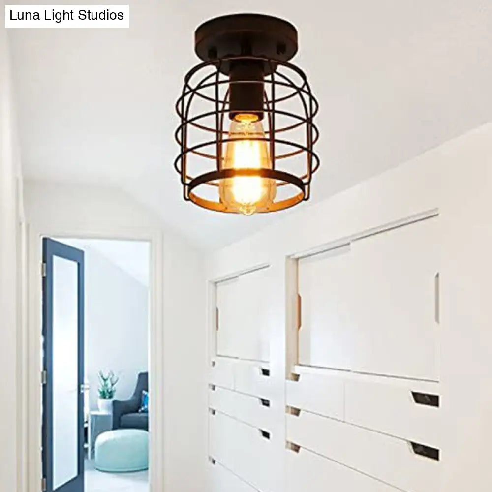 DecorBites™ DecorBites™ Retro Industrial Ceiling Light with Metal Frame Shade - Wrought Iron Flush-mount Lamp in Black