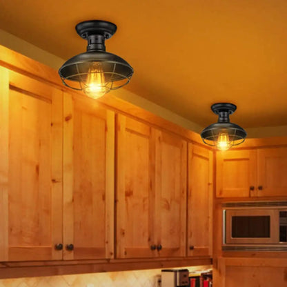 DecorBites™ DecorBites™ Retro Industrial Ceiling Light with Metal Frame Shade - Wrought Iron Flush-mount Lamp in Black