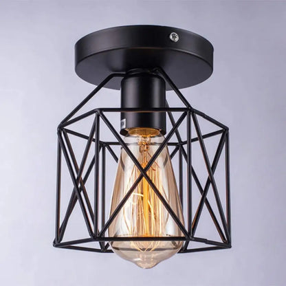 DecorBites™ DecorBites™ Retro Industrial Ceiling Light with Metal Frame Shade - Wrought Iron Flush-mount Lamp in Black