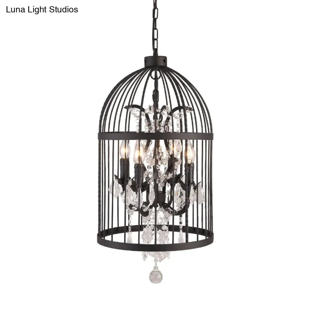 Retro Industrial Chandeliers - 8-Light Cage Shaped Coffee Shop Hanging Lamp with Crystal Pendant