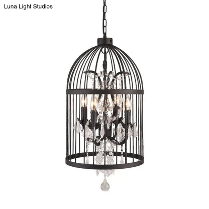 Retro Industrial Chandeliers - 8-Light Cage Shaped Coffee Shop Hanging Lamp with Crystal Pendant